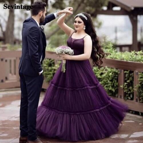 Sevintage Purple A Line Arabric Prom Dresses Tiered Tulle Spaghetti Strap Evening Gowns Plus Size Dress for Wedding Party 2021
