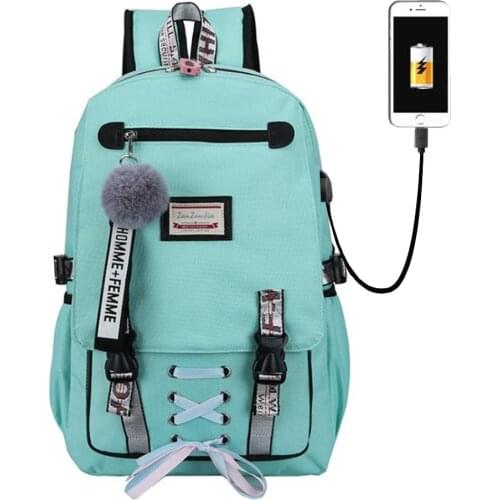 Teenage Girls boys Schoolbag Backpack Big School Bags Large USB Printing Girls Bookbags Student Fashion Ribbon Bow 4 color