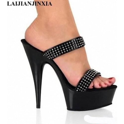 LAIJIANJINXIA 6 Inch Women Slides 15 High-Heeled Shoes Noble Elegant Platform Gladiator Rhinestone All-Match Formal Slippers