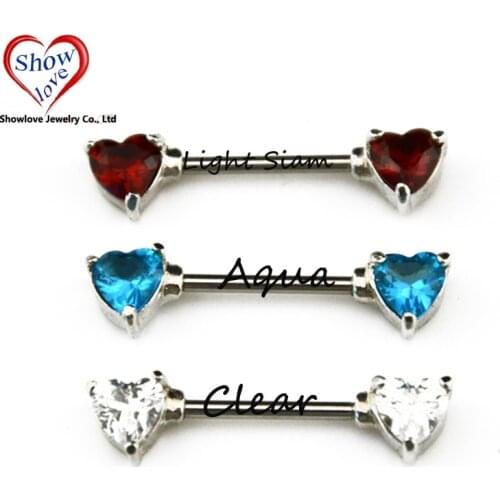 Showlove-2Pcs Surgial Steel 14G Heart Zircon Nipple Barbell Rings Piercing, Clear&Aqua&Light Siam Colors Nipple Body Jewelry