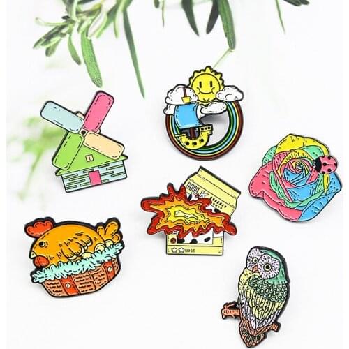 Windmill House Rainbow Boat Insect Flowers Rooster Owl Explosion Cans Creative Combination Brooch Neutral All-Match Jewelry Ins