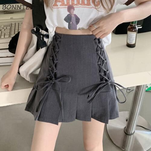 Pleated Skirts Women Solid Lace-up New Designers Sweet Lovely Preppy Style Japanese High Waist Alll-match Students Leisure Mujer