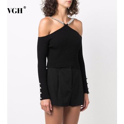 VGH Patchwork Chain Black T Shirt For Women V Neck Long Sleeve Skinny Solid Minimalist T Shirts Female Fashion Style Clothing