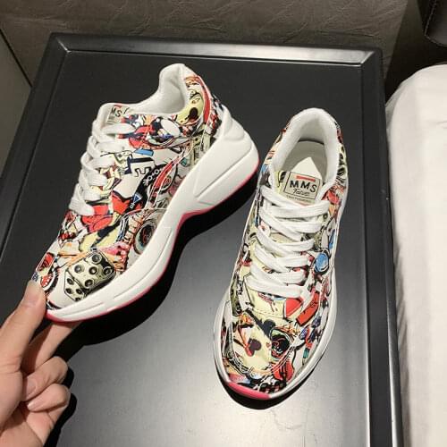 Womens Sneakers Print Lace Up Running Shoes For Women Outdoor Round Toe Thick Bottom Non-slip Sneakers Walking Heighten Shoes