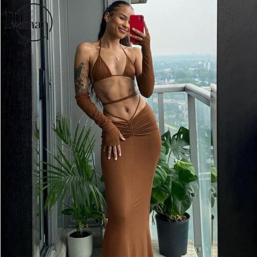 INWOMAN Women Bodycon Haletr Top And Ruched Skirt Maxi Skirt 2 Two Piece Set Ladies Outfits Female Sexy Party Matching Sets 2021