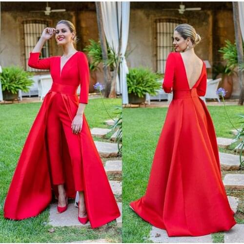 Red Jumpsuits Formal Evening Dresses With Detachable Skirt V Neck Prom Dresses Party Wear Pants Suit for Women Custom Made