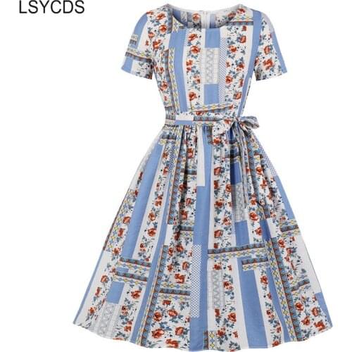 LSYCDS Casual Pleated Ladies Dresses Vintage Multicolor Dress Women Round Neck Pocket Side Belted Color-Block Floral Dresses