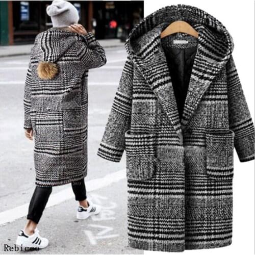 Women Woolen Coat Autumn Winter Cassic Simple Long Plaid Cardigan Coat Trenchcoat Wool Coat All Match Vintage Plus Size