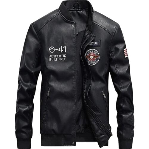 Winter PU Leather Jacket Men Casual Fleece Thick Embroidery Faux Leather Coats Baseball Moto Biker Motorcycle Bomber Jacket Men
