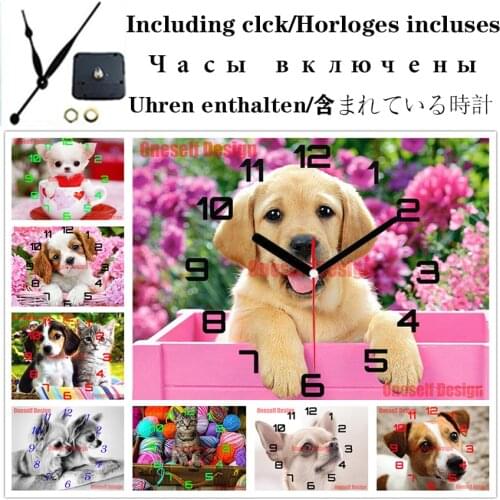 New diy diamond painting cross stitch with clock cute dogs diamond mosaic sale clock rhinestone pictures diamond embroidery full
