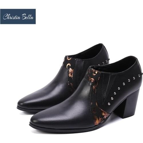 Christia Bella Real Leather High Heel Men Shoes Rivets Increase Height Party Dress Shoes Male Jazz Dancer Thick Heel Ankle Boots