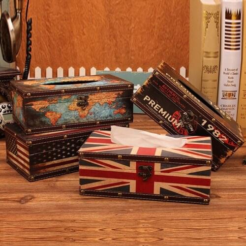 American style Home storage box with lock Retro Leather box holder desktop coffee shop decorate tissue boxes tissue holder