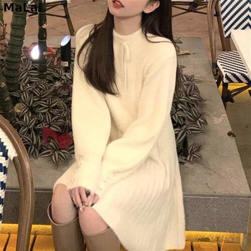 Elegant Knit Dress Women 2021 Spring Casual Kawaii Fairy Sweater Mini Dress Korean Outerwear Female Office Sweet One Piece Dress