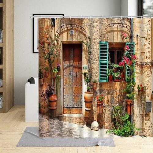 European Retro Town Style Shower Curtain Country Street View Wooden Doors Windows Bathroom Decor Polyester Curtains Hooks Sets
