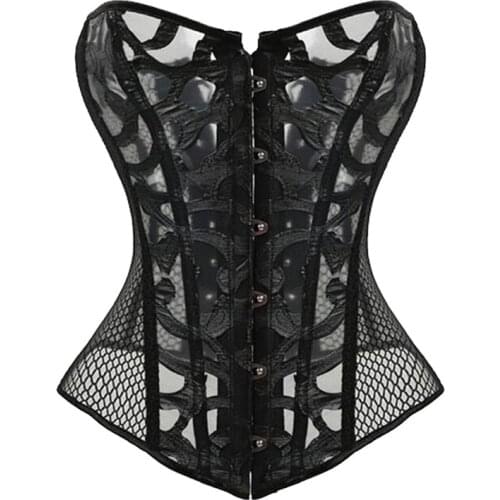 Women Burlesque Lace up Corset Gothic Bustier Overbust Bridal Corselet Costume Sexy Hollow Mesh Corset Lingerie Tops Black White