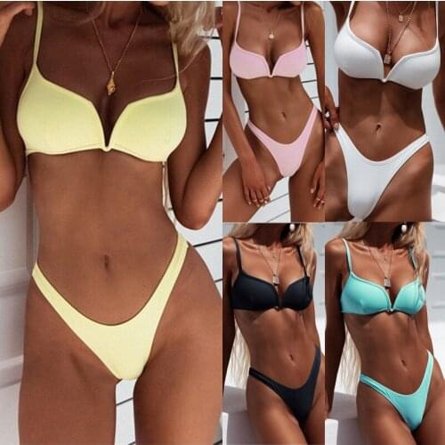 Summer Push Up Women Bikini Set Swimwear Plain High Waist Padded Bra Swimsuit Stretch Leotard Beachwear Bathing Suit