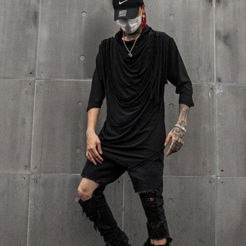 Nightclub DJ singer punk rock half sleeve t shirt tassel cloak men irregular design gothic vintage hip hop tee shirts streetwear