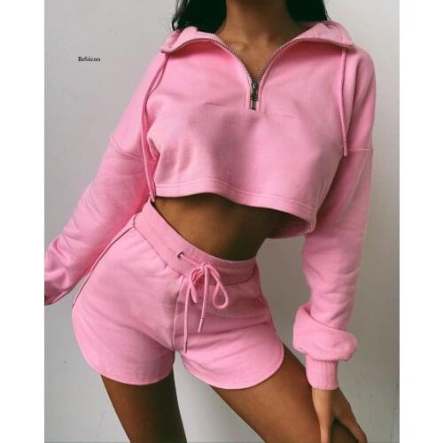 Long Sleeve Zipper Sport Coats Drawstring Wrapped Chest 2PCS Women Cropped Tops+High Waist Shorts Set Tracksuit For Gym Running