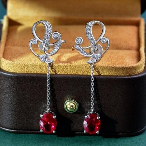 Luxury 100% 925 Sterling Silver Drop Earrings For Women Sparkling 7*9mm Red Diamond Female Earrings Fine Jewelry Earrings Gifts