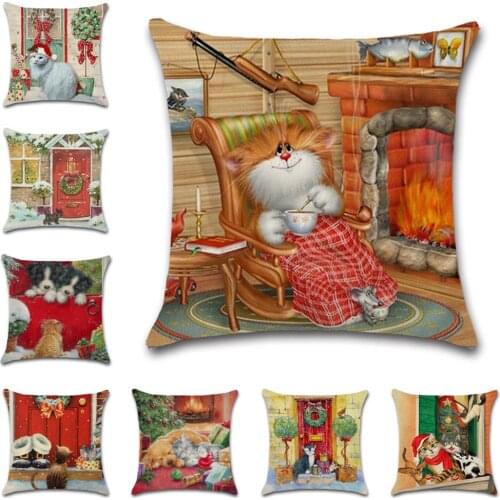 Christmas Cartoon Cat Pet Animal pattern Linen Cushion cover Pillowcase decoration for home sofa chair kids girl bedroom gift
