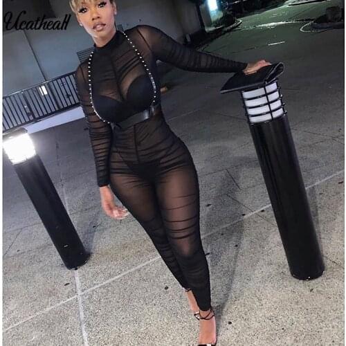 Sexy See Through Mesh Jumpsuit Stretchy Long Pants Bodycon Rompers Night Out Outfits Clubwears