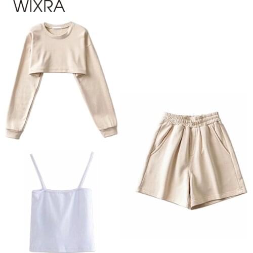 Wixra Womens Basic Short Sweatshirts Sets Cotton Street Style O Neck 2021 Spring Summer Hot Casual Pullovers Tops