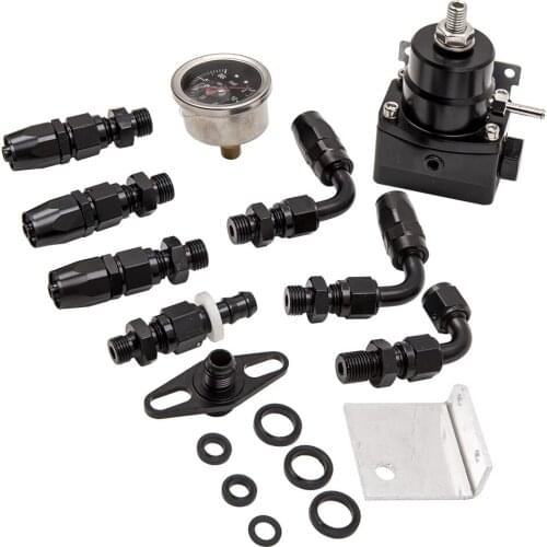 Universal Adjustable Fuel Pressure Regulator Kit Oil 100psi Gauge + AN 6 Fitting End Black