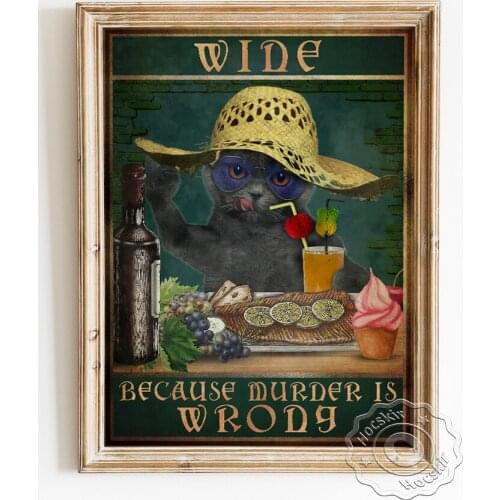 Amuse Laughter Vintage Art Poster, Funny Cute Animal Drink Juice Wall Picture, Lovely Straw Hat Cat Fine Food Cake Home Decor