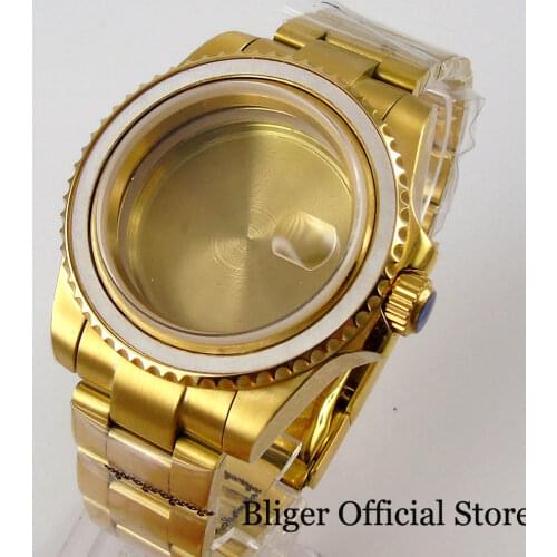 Yellow Gold Plated Automatic Watch Case Oyster Strap for NH35A MIYOTA 8215 MINGZHU Sapphire Glass with Magnifier Screw Crown