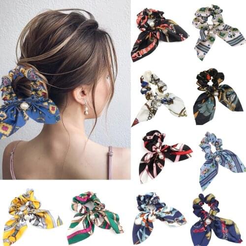 Floral Print Ribbon Elastic Hairbands For Women Satin Hair Ties Holder Ponytail Holder Headband Bow knot Hair Accessories