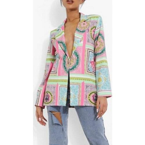 Traf Long Blazer Women Jackets Notched Neck Full Sleeve Outwear Autumn New Fashion Print Loose Casual Streetwear Female Blazers
