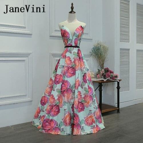 JaneVini Sheer Neck Floral Print Wedding Party Dress Flowers Pattern Girls Ladies Satin Sexy Long Bridesmaid Dresses 2020 Robes