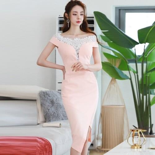 New Summer Lace Perspective Patchwork Midi Party Club Dress Ladies OL Elegant Korean Sexy Off-Shoulder Slim Skinny Bodycon Dress