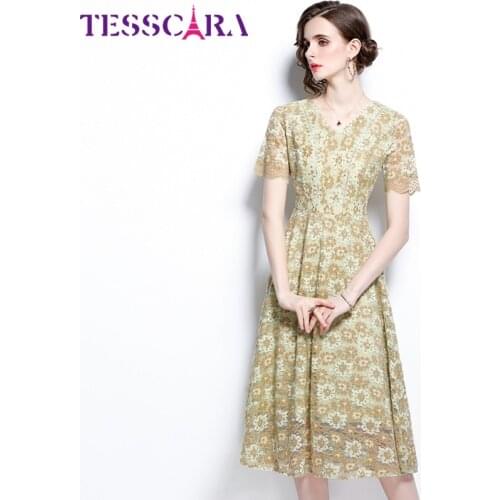 TESSCARA Women Summer Elegant Lace Dress Festa High Quality Wedding Party Robe Femme Runway Vintage V-Neck Designer Vestidos