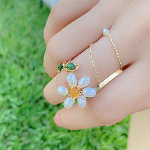 Fashion Natural Pearl Rings For Women Multi Layers Handmade Flower Ring Korean Personality Adjustable Finger Jewelry Bijoux