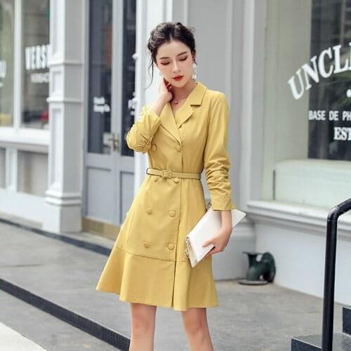2020 New Arrival Modis Yellow Dress Women Double Button Ruffle A Line Dress Women with Sashes Green Blazer Fall Dress Plus Size