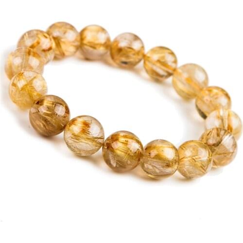 14.5mm Natural Gold Rutilated Quartz Bracelet Crystal Stretch Clear Round Bead Natural Rutilated Quartz Bracelet