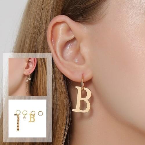 Gold Cute Letter B Dangle Earrings For Women Bold Gold Color Geometrical Hanging Elegant Exquisite Chain Earrings 4Pc Set