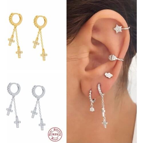 GS 925 Sterling Silver Double Cross Pendant Drop Earrings Shiny Zircon Chain Tassel Dangle Earring For Women Brincos Jewelry