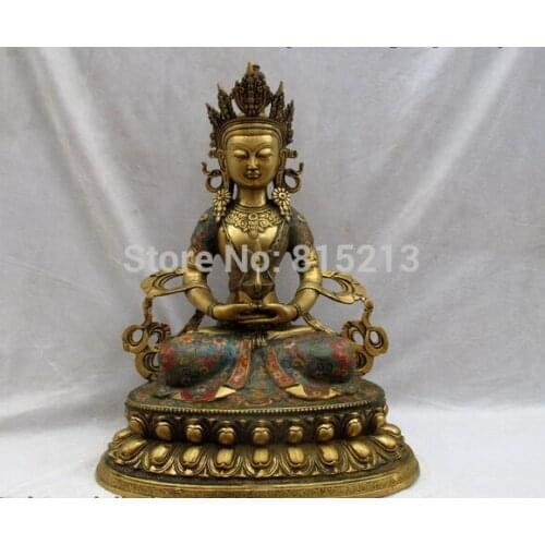 Bi001137 Tibet Bronze handwork made cloisonne Longevity Amitayus Kwan-yin Buddha Statue