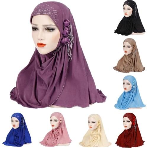 Flowers Tassel Decor Soft Headwrap Hijabs Solid Color Muslim Women Jersey Turban Headscarf Wrinkle Assistant Islamic Headband
