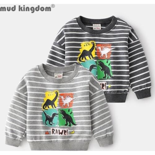 Mudkingdom Kids Stripe Sweatshirt Print Dinosaur Crew Neck Long Sleeve Pullover Tops Toddler Spring Autumn Children Clothing