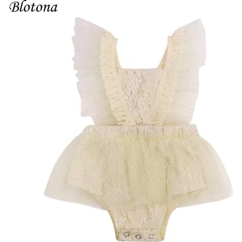 Blotona Infant Baby Floral Embroidery Short Romper Dress, Summer Sleeveless Square Collar Lace Jumpsuit with Ruffles, 0-24Months