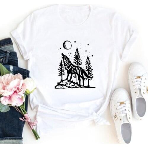 Wollfgirl Pattern T-shirt Femme Cute Funny Womans TShirt Tops Aesthetic Streetwear Full Moon Night Fashion T Shirts Cotton Woman