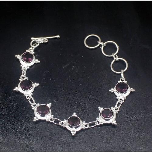 Gemstonefactory Jewelry Big Promotion Single Unique 925 Silver Purple Amethyst Lady Women Chain Link Bracelet 20cm 20213349