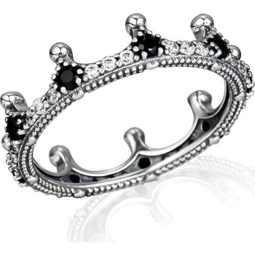 CKK 925 Sterling Silver Enchanted Crown Ring, Clear CZ & Black Crystals For Women Original Jewelry Making