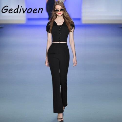 Gedivoen Designer Fashion Summer Black Two Piece Set Womens Short Sleeve Button Tops + Flare Long Pants Office Lady Suit