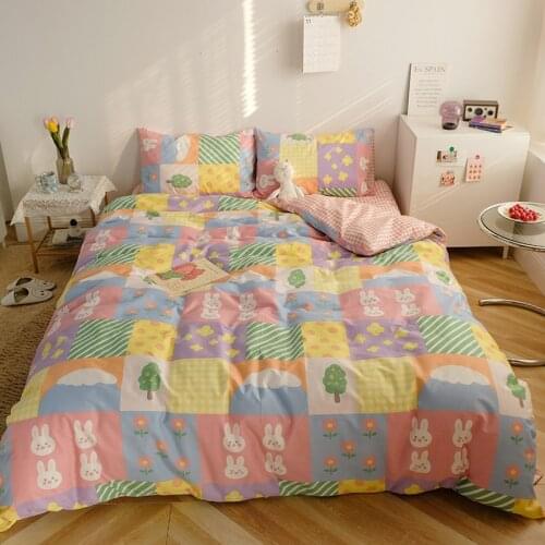 Bedding Set Cotton Cartoon Style Rabbit and Rainbow Printed Bed Linen Set Queen Size Duvet Cover Bed Sheet and Pillowcase Cotton