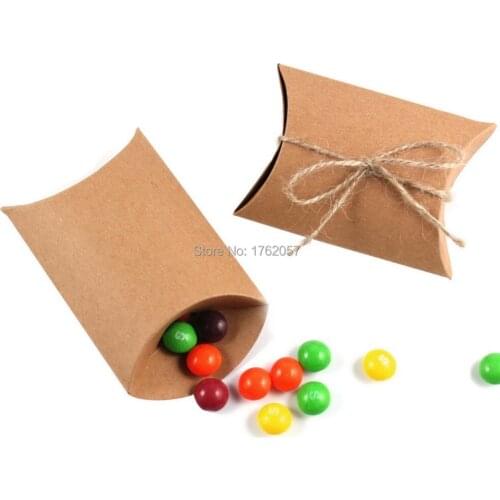 Kraft Paper Pillow Box With Jute Tie Gift Candy Boxes Wedding Party Favor Clear candy box 200PCS Clear / Kraft