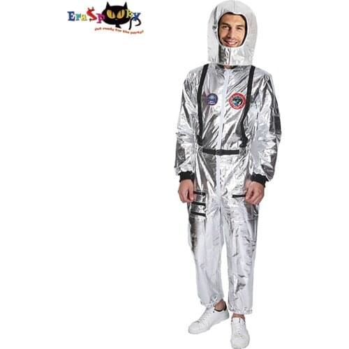 Eraspooky Men Astronaut Spaceman Cosplay with Helmet Carnival Party Club Alien Silver Stage Outfits Halloween Costume For Adult